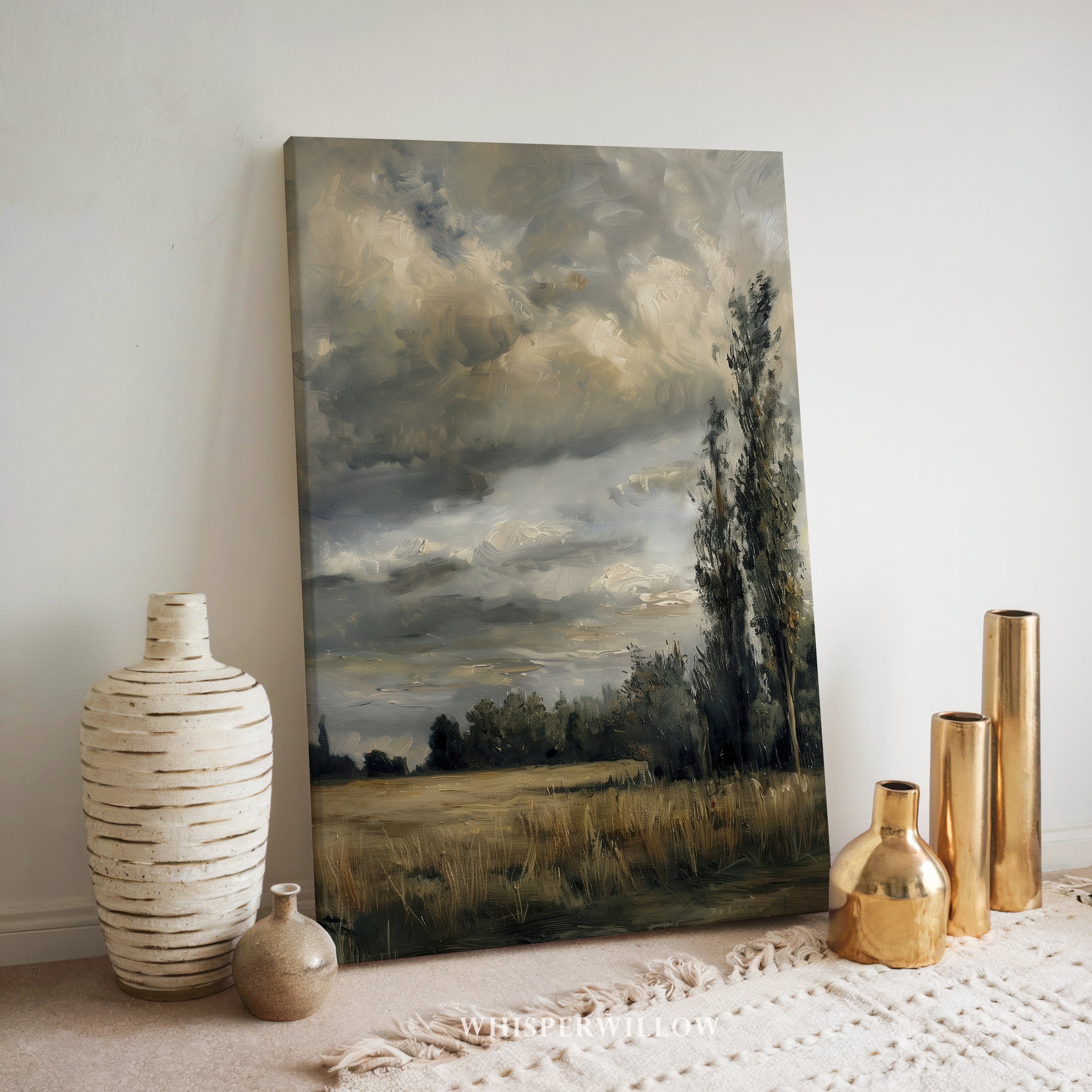 Leinwandbild „Stürmische Landschaft“ – Stimmungsvoller, bewölkter Himmel, Vintage-Landsonnenuntergang