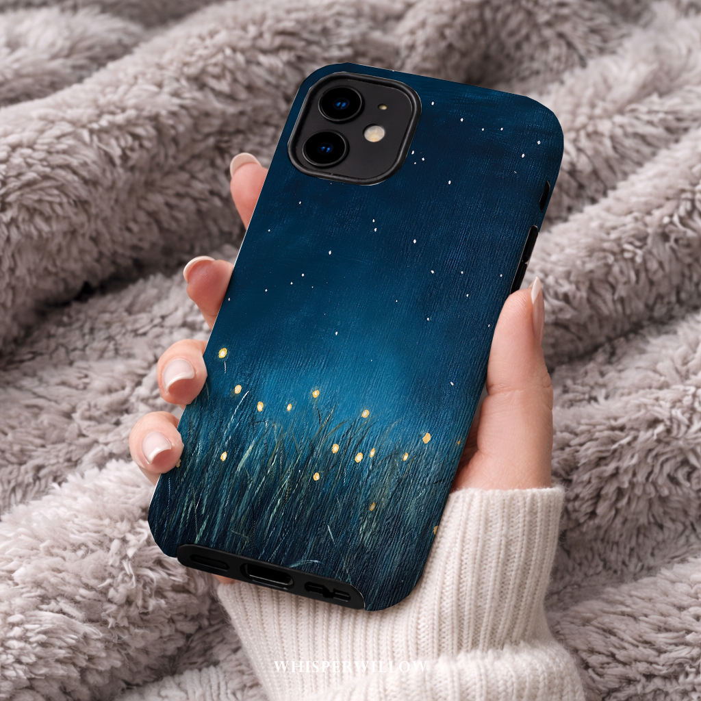 Firefly Night Sky Phone Case | Compatible with iPhone | Dual Layer Protective Cover | Dark Blue Nature Stars Lightning Bugs