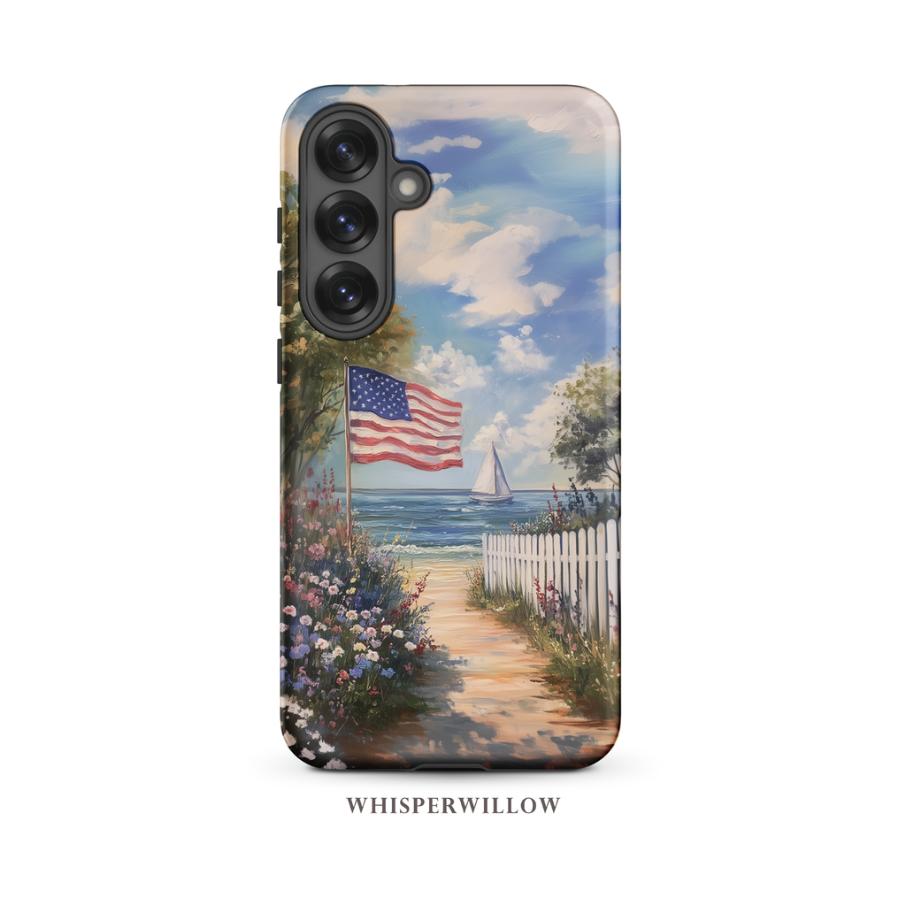 Coastal Aesthetic Phone Case Compatible with Samsung | American Flag Beach Art | Patriotic Ocean Landscape | Wildflower Path Design Gift WhisperWillow Studios