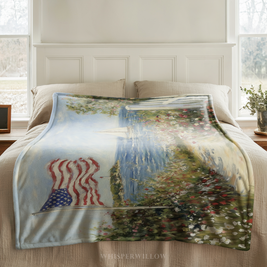 American Flag Coastal Throw Blanket - Sailboat Lighthouse Wildflower Gift