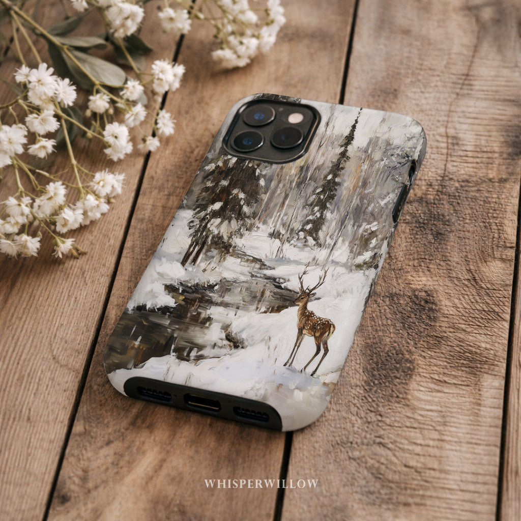 Aesthetic Winter Deer Phone Case | Compatible with MagSafe Charging | Forest Snow Wildlife Art | Gift for Him