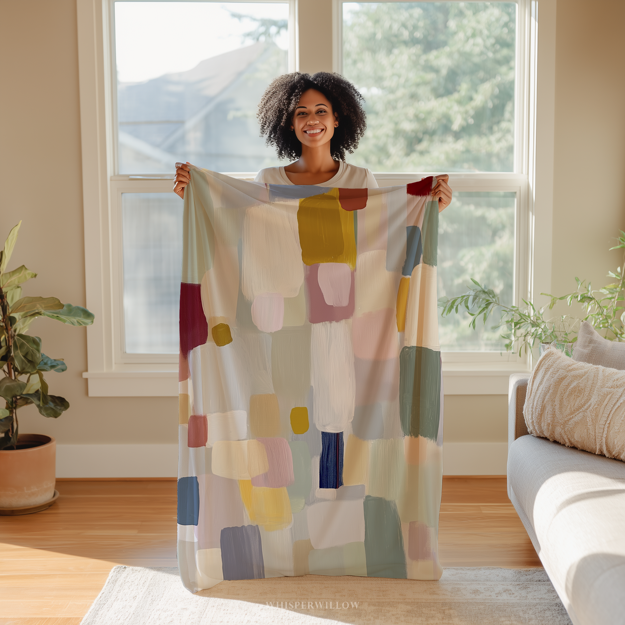 Cute black African American girl holding an Abstract Pastel Throw Blanket - Modern Colorful Blocks Painted Art by WhisperWillow Studios Home Decor Gift