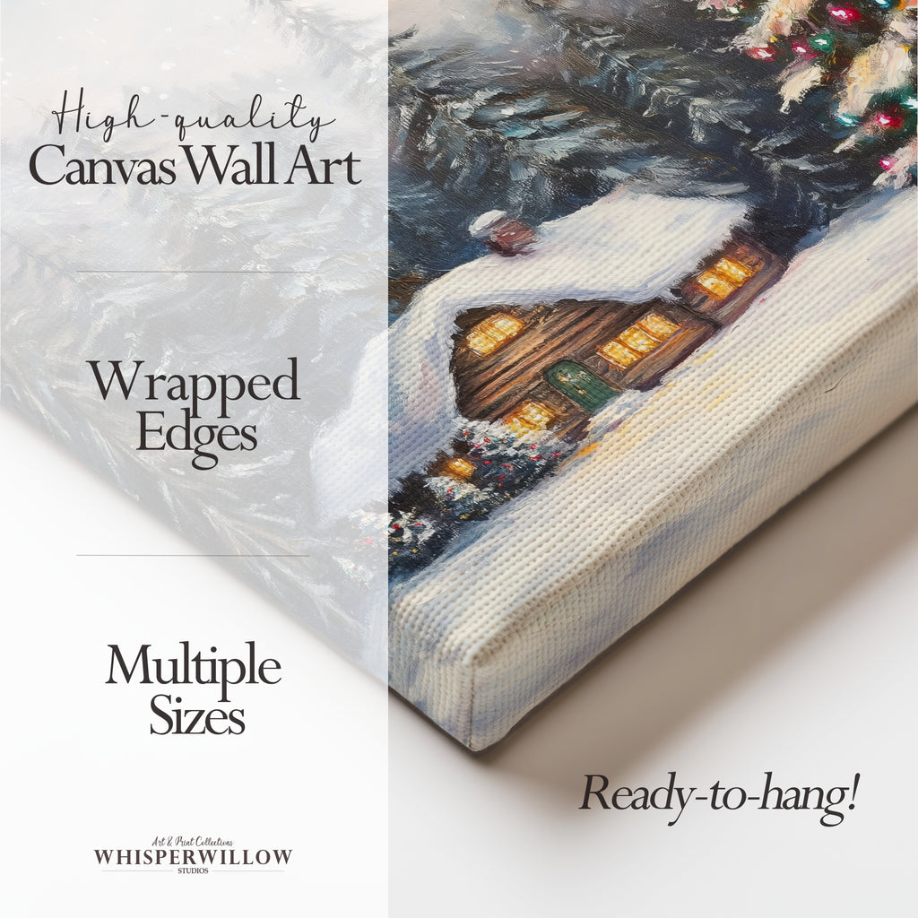 Winterliches Leinwandbild | Gemütliche Hütte mit verschneitem Wald und Weihnachtsbaum | Rustikale Dekoration für die Feiertage – das perfekte Geschenk