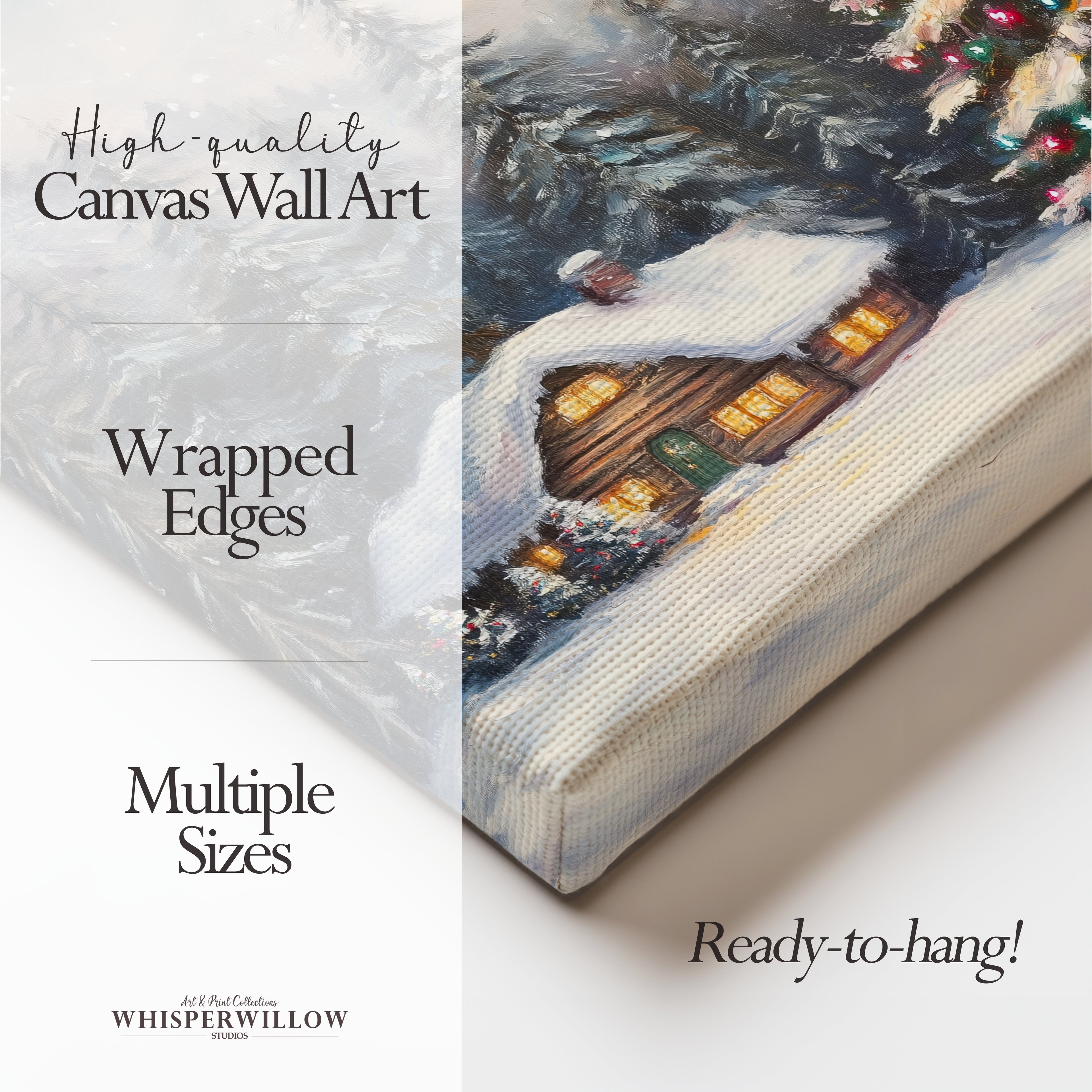 Winterliches Leinwandbild | Gemütliche Hütte mit verschneitem Wald und Weihnachtsbaum | Rustikale Dekoration für die Feiertage – das perfekte Geschenk