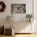 Weihnachts-Wandbild mit Rentieren und Vögeln – Rustikale rote Schleife, Stechpalme, Waldweihnachtsdeko