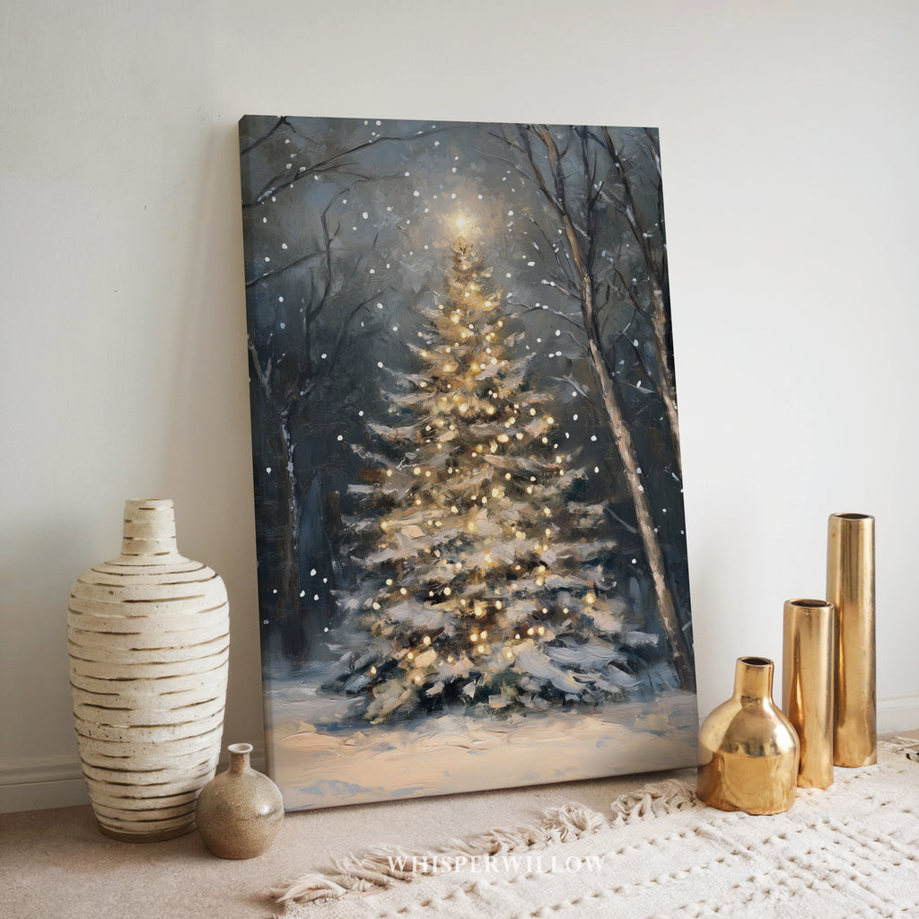 Weihnachtsbaum-Leinwandbild – Bezaubernde verschneite Waldszene, zauberhafte Winterdekoration