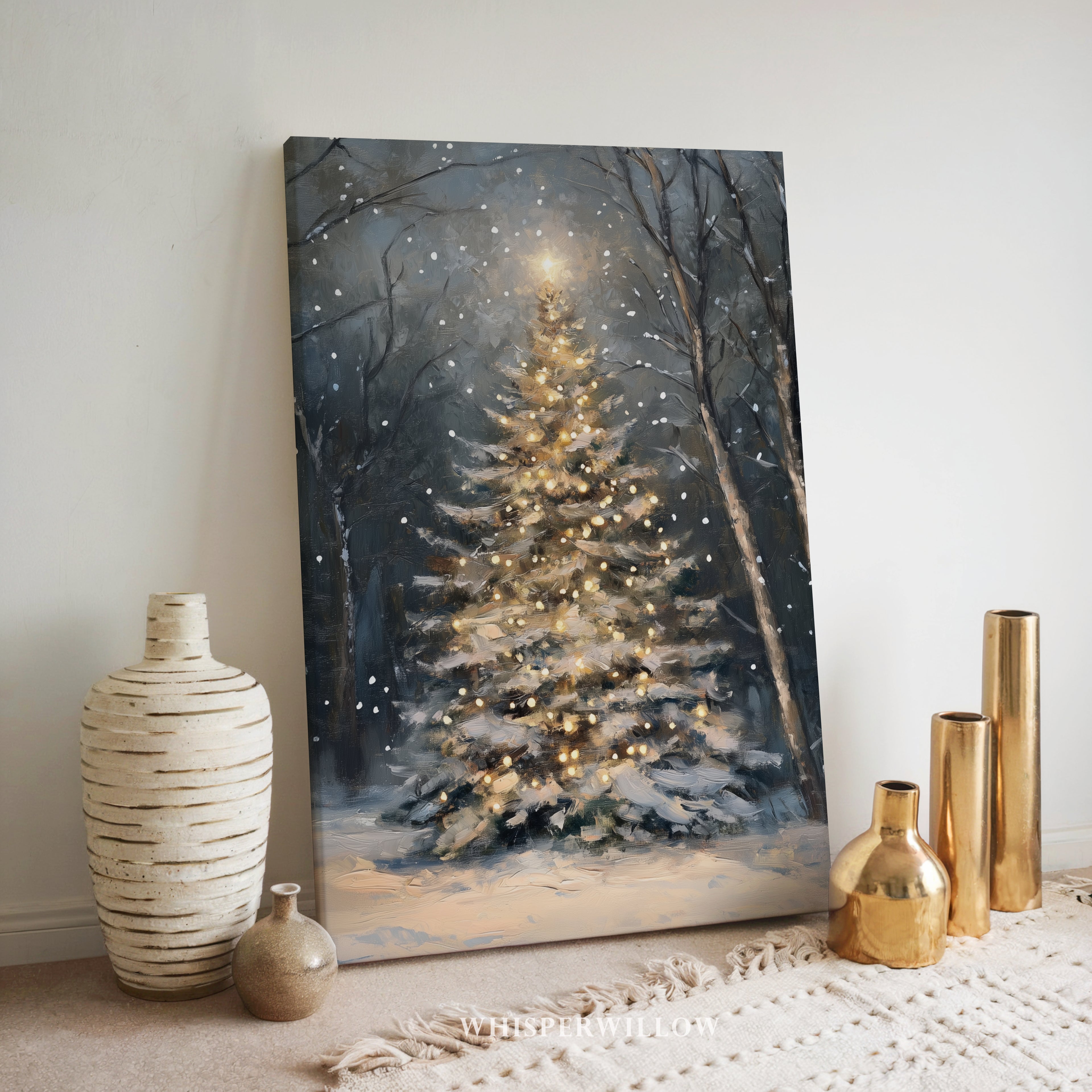 Weihnachtsbaum-Leinwandbild – Bezaubernde verschneite Waldszene, zauberhafte Winterdekoration