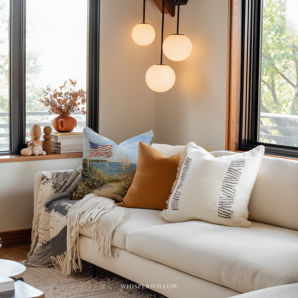 Patriotic American Flag Throw Pillow, Seaside Sailboat Wildflower Design, Independence Day Cushion, 4th of July Home Decor Gift