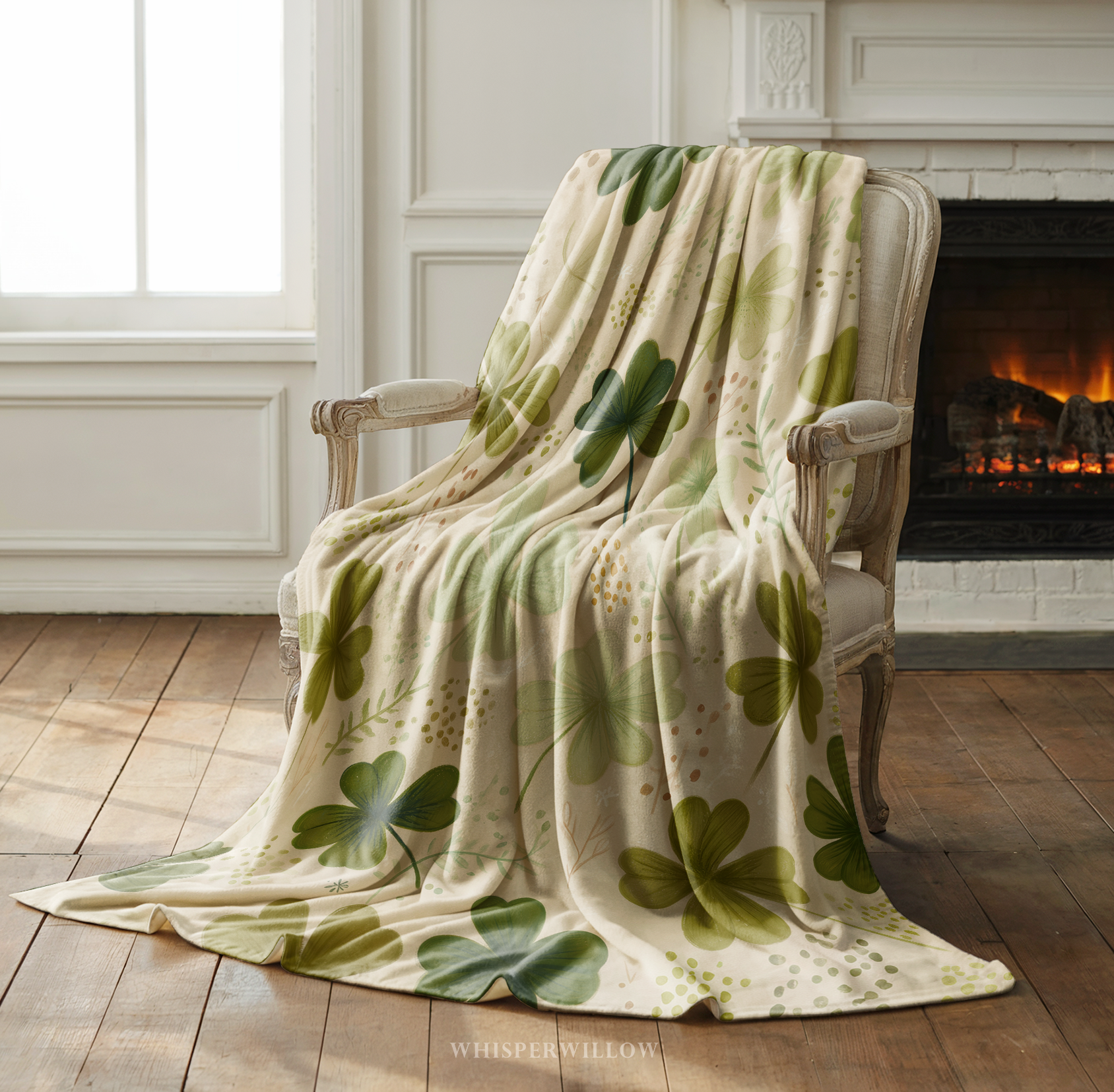 St Patricks Day Plush Throw Blanket, Shamrock Clover Green Floral Botanical, St Paddy Cozy Home Decor, Gift for Kids and Adults