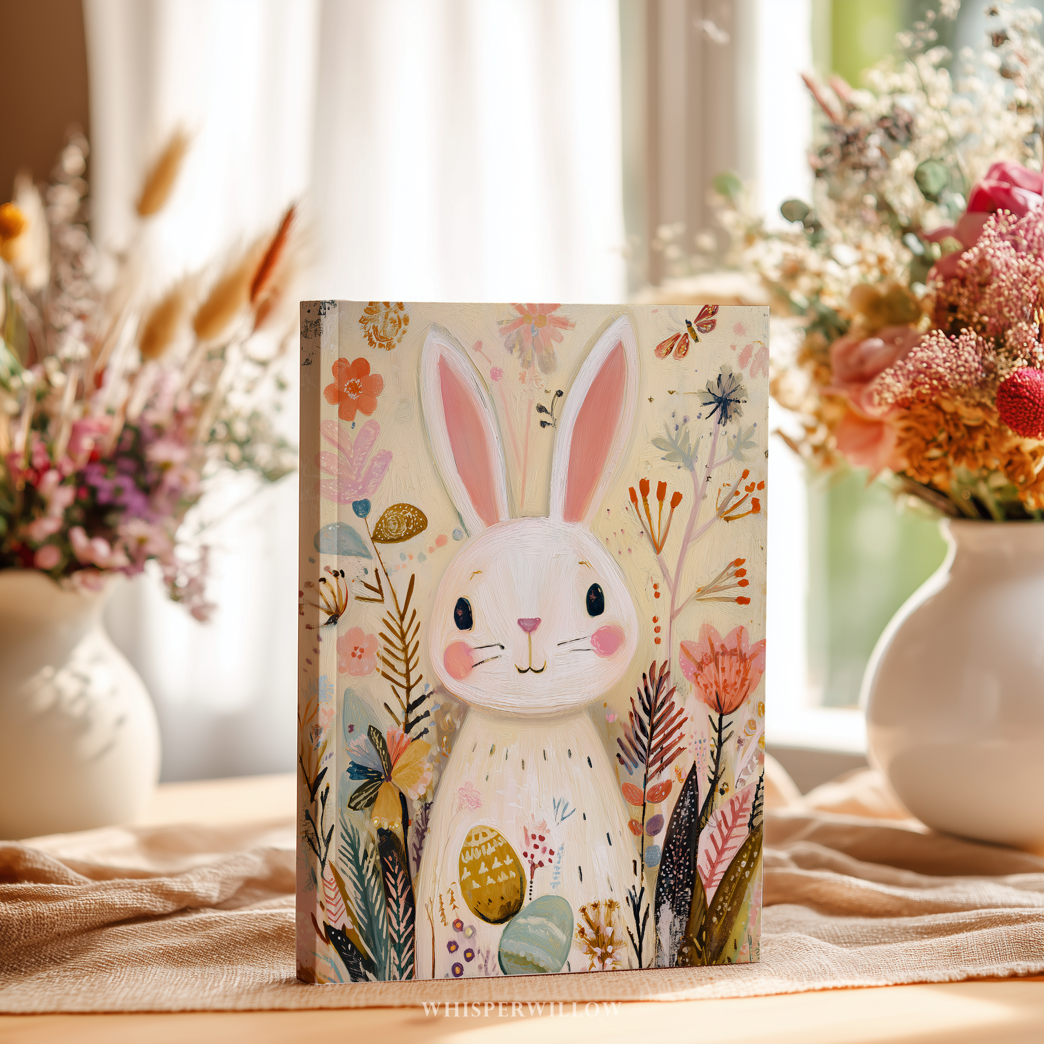 Whimsical Easter Bunny Hardcover Journal, Floral Meadow Spring Eggs Design, Cute Pastel Stationery Gift, 8x5.75 Lined Pages by WhisperWillow Studios Home Decor 