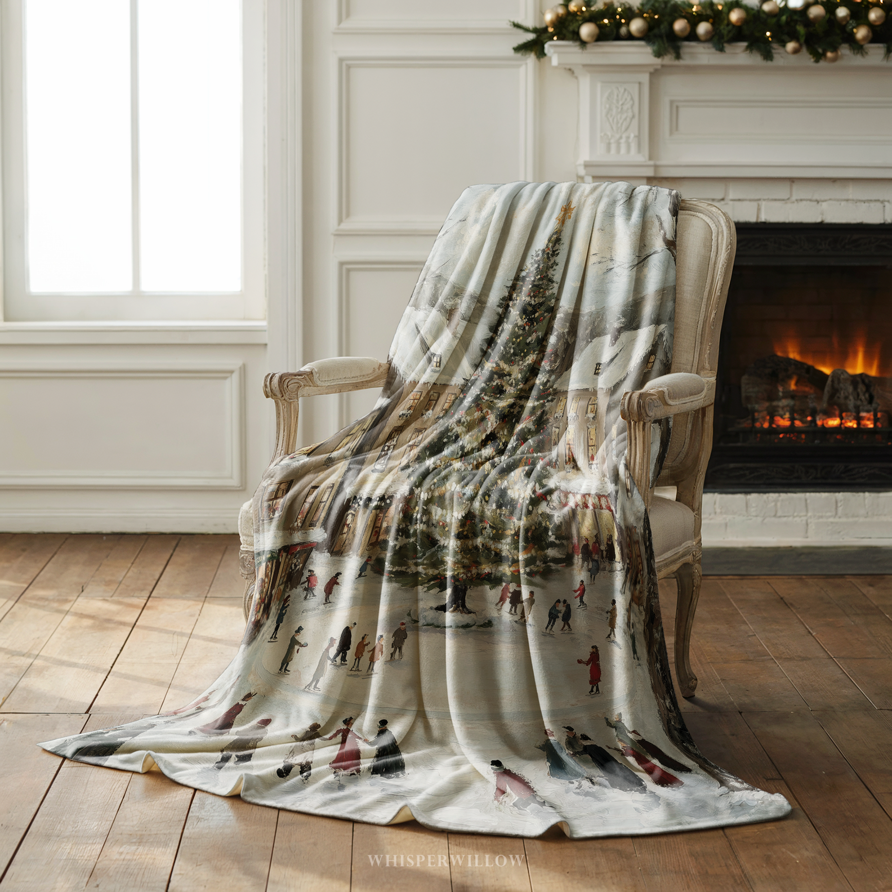 Snowy Village Christmas Throw Blanket - Winter Tree Ice Skating Gift