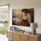 Christmas Nativity Scene Canvas Wall Art - Holy Family Baby Jesus Manger with Sheep
