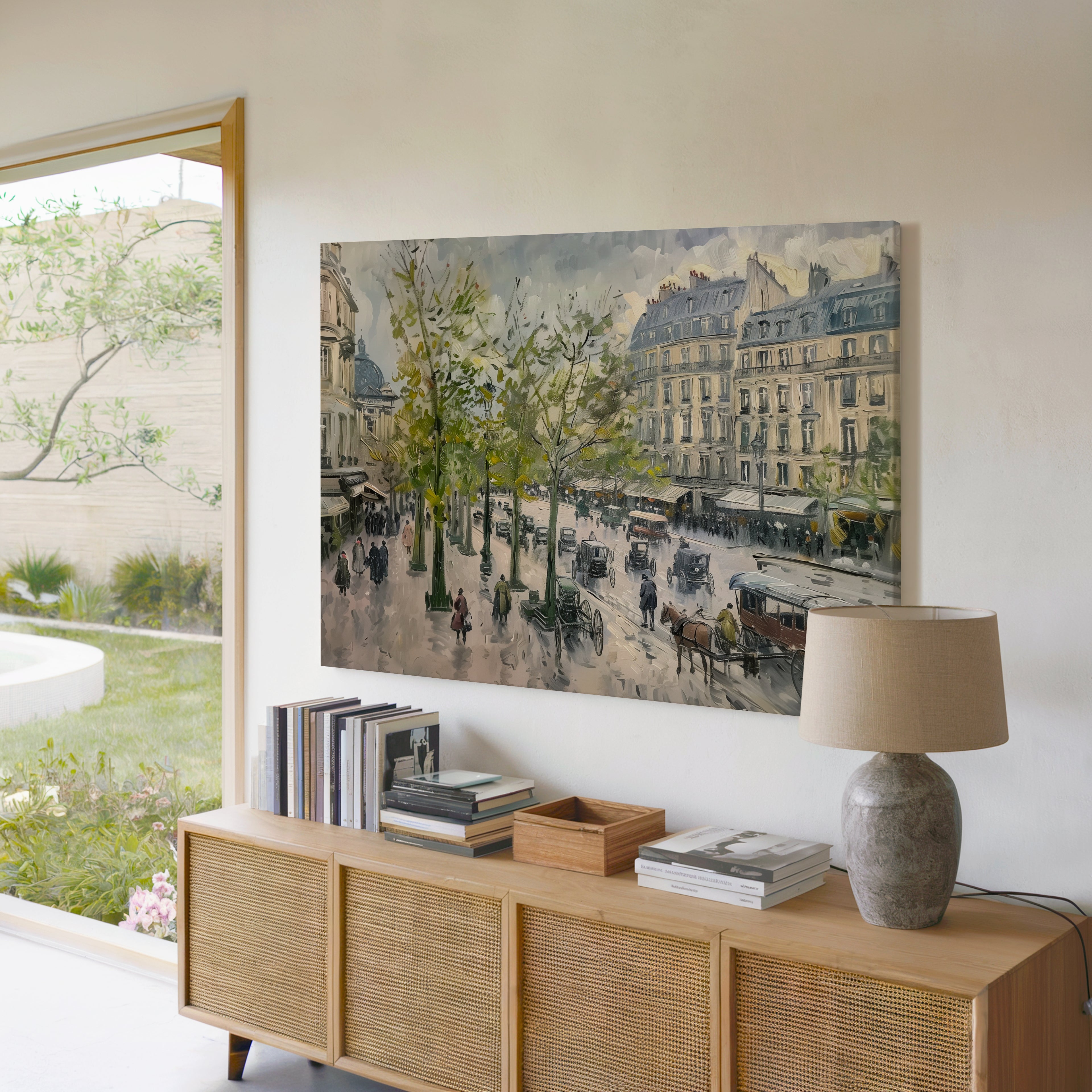 Pariser Straßenszene auf Leinwand | Vintage-Druck einer Pferdekutsche | Europäische Architektur der 1880er Jahre