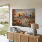 Rustikales Leinwandbild mit roter Scheune | Herbstlicher Kürbisbauernhof-Druck | Herbstliche Landschaft