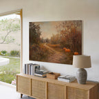 Vintage-Leinwandbild mit Kürbismotiv – Herbstlicher Bauernhaus-Landweg