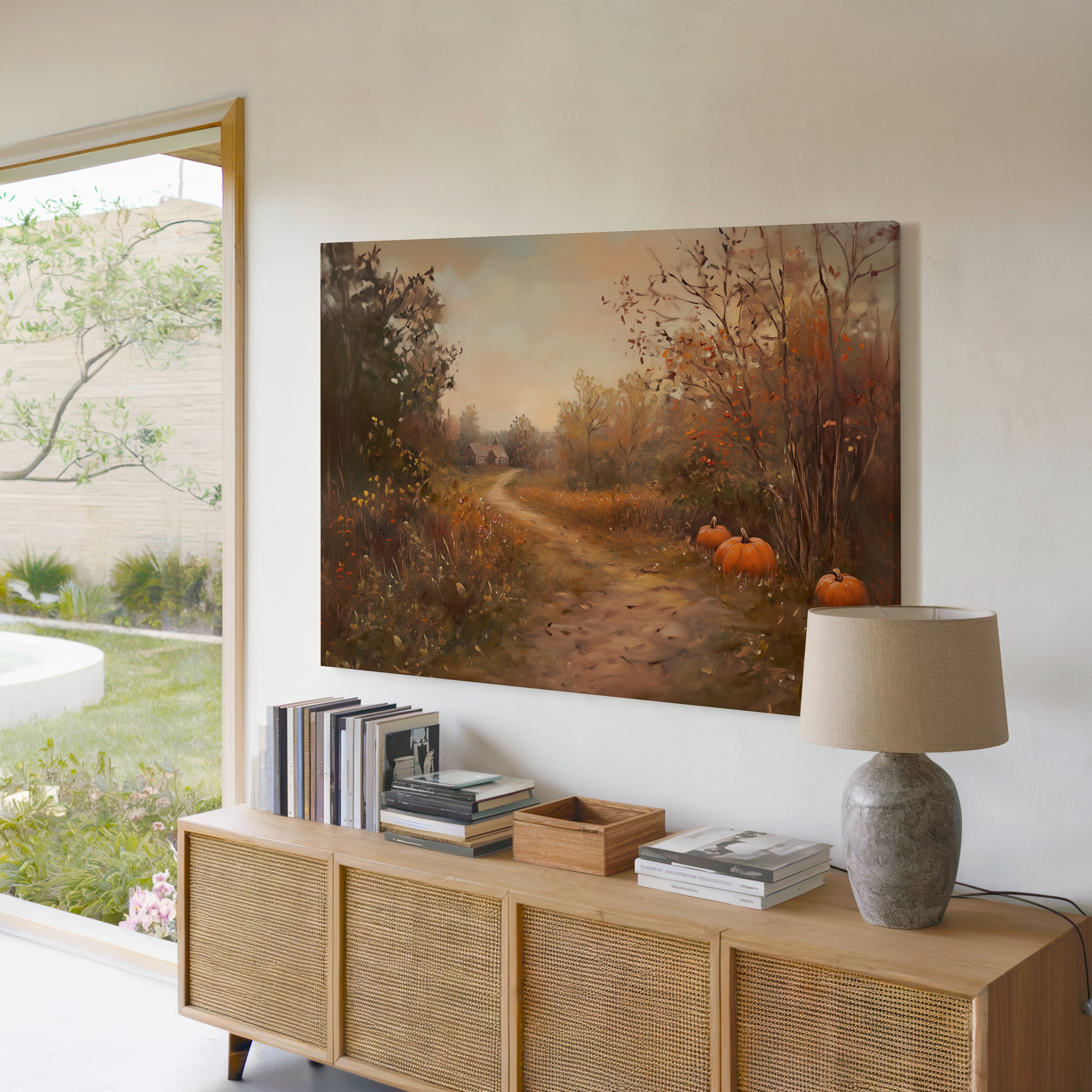 Vintage-Leinwandbild mit Kürbismotiv – Herbstlicher Bauernhaus-Landweg