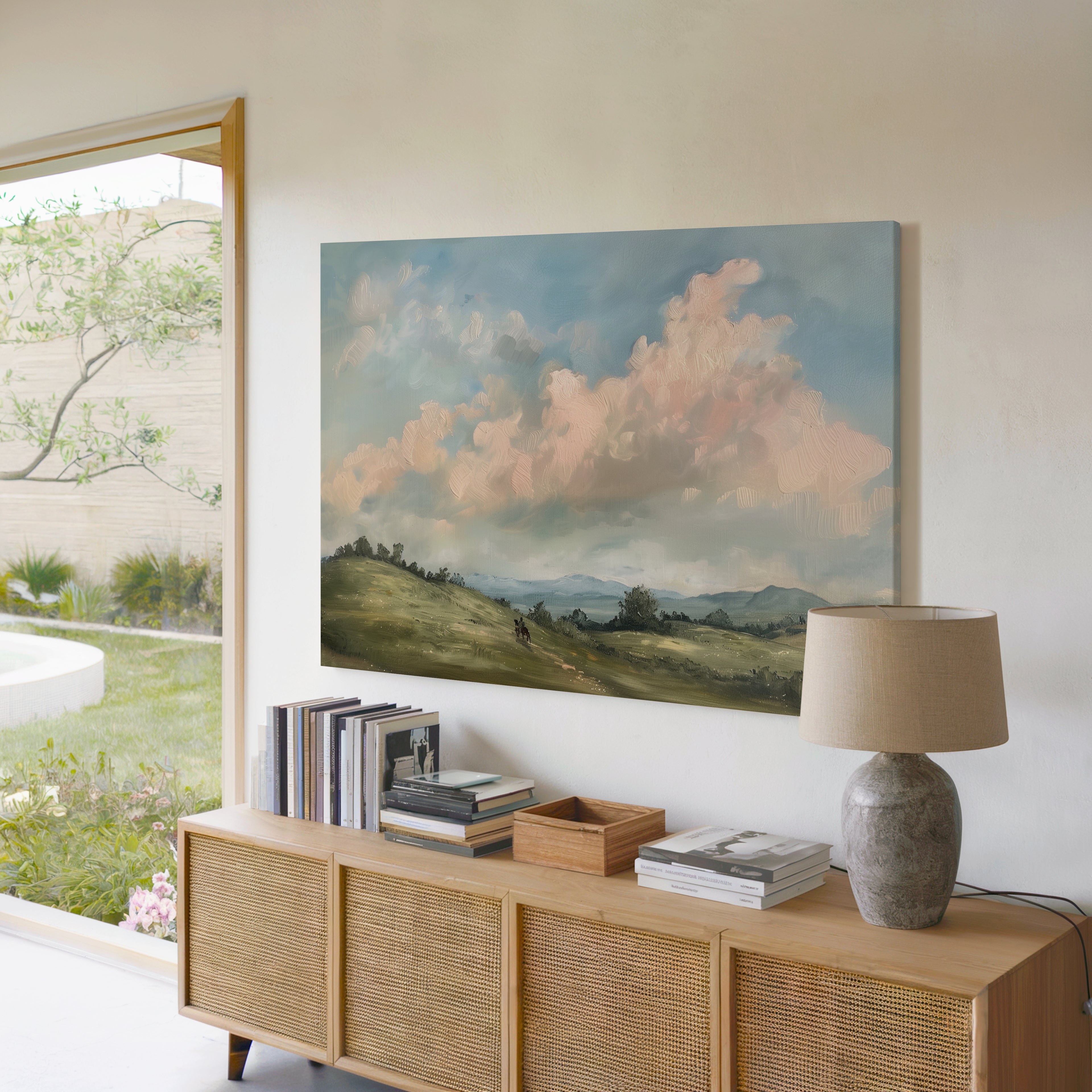 Leinwandbild „Pferdeland“ | Idyllische Hügellandschaft | Rustikale Landhausdeko im Vintage-Stil