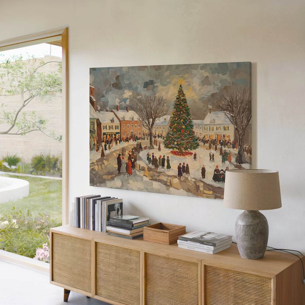 Winter Canvas Wall Art | Vintage Christmas Village Town Square Scene | Holiday Home Decor Gift