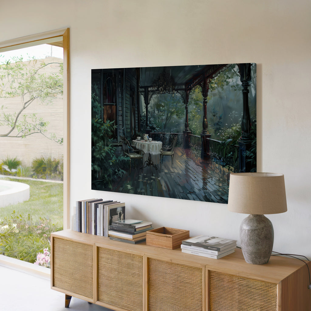 Tableau sur toile représentant une véranda victorienne - Scène de thé matinal sous la pluie - Jardin vintage