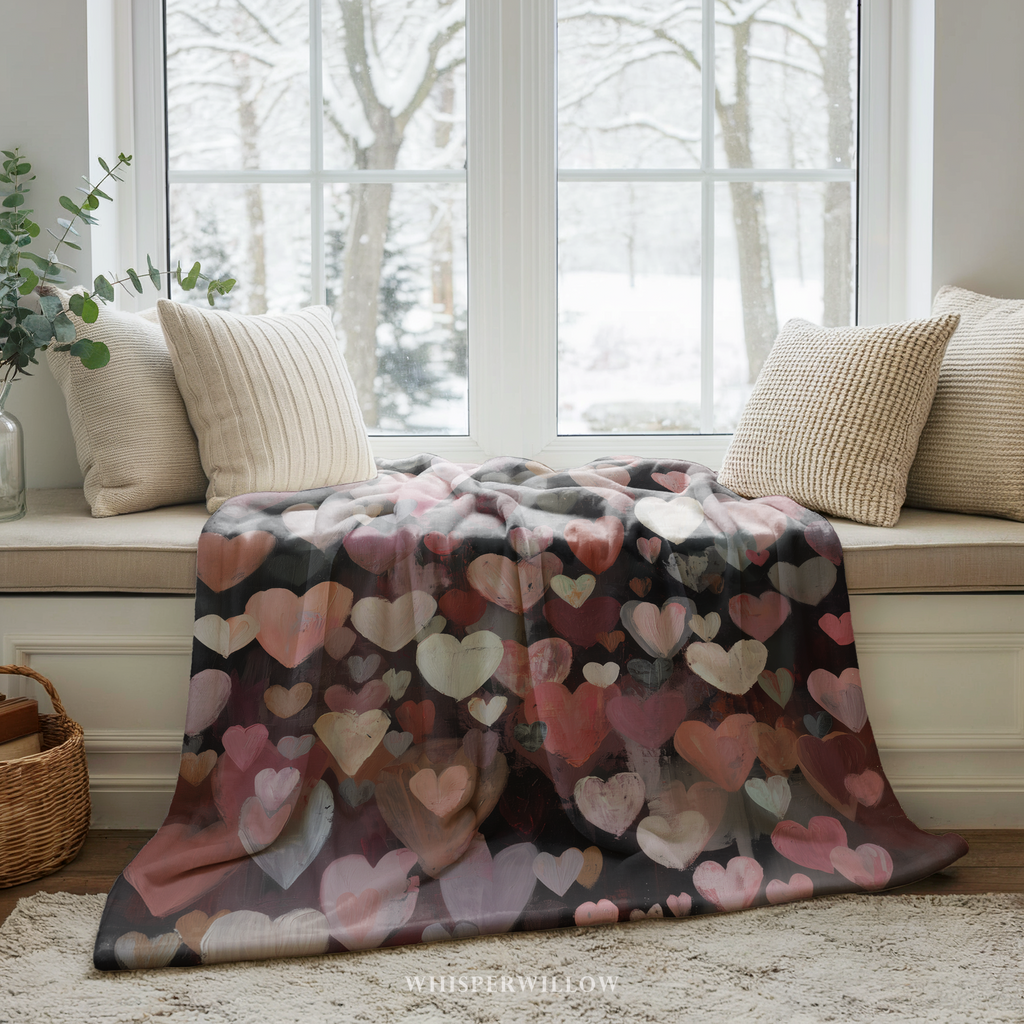 Dark abstract pink red and white heart love art on plush throw blanket by WhisperWillow Studios valentines day home decor gift