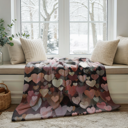 Dark abstract pink red and white heart love art on plush throw blanket by WhisperWillow Studios valentines day home decor gift