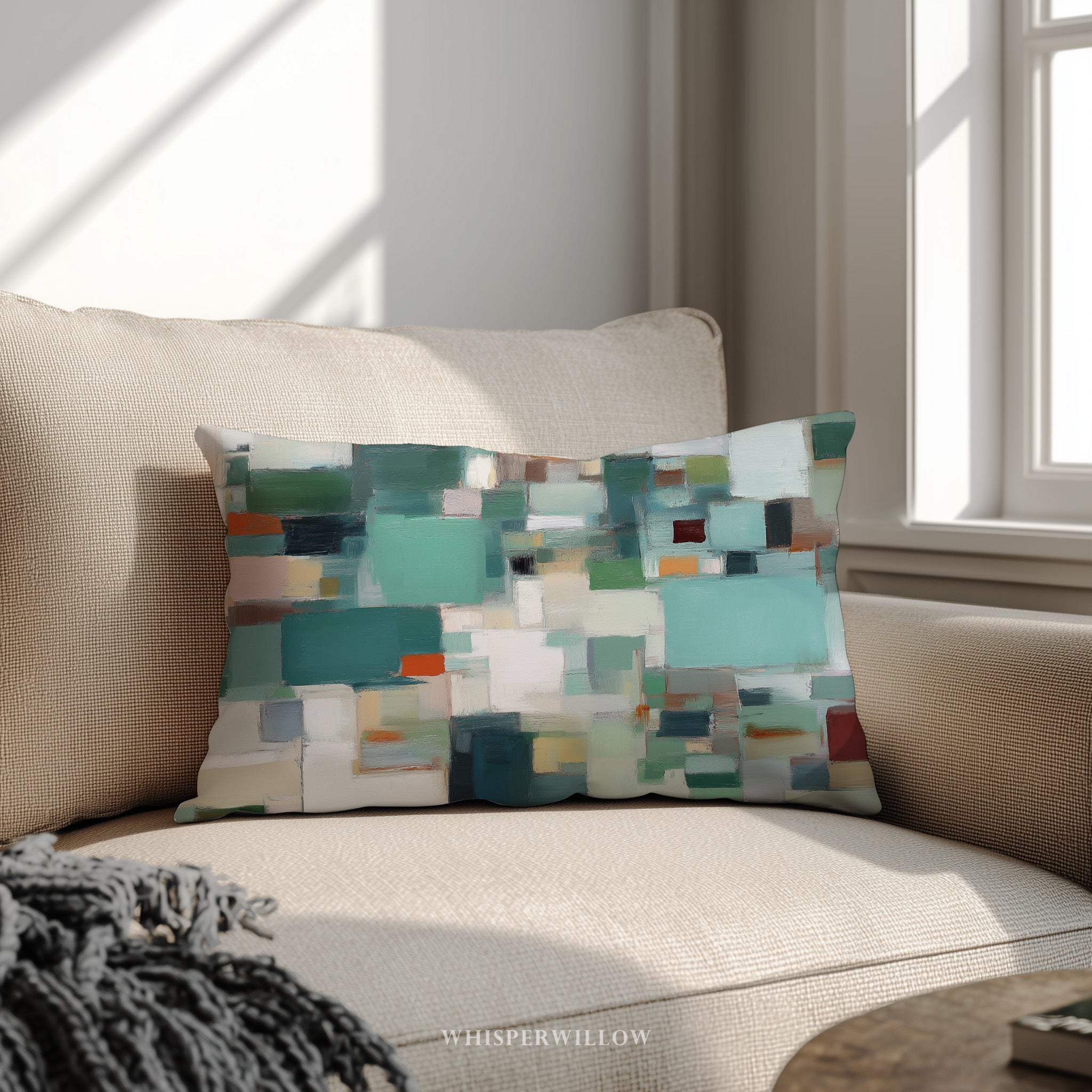 Abstract Geometric Throw Pillow | Color Block Teal Neutral Lumbar Cushion | Modern Minimalist Decor | Housewarming Gift