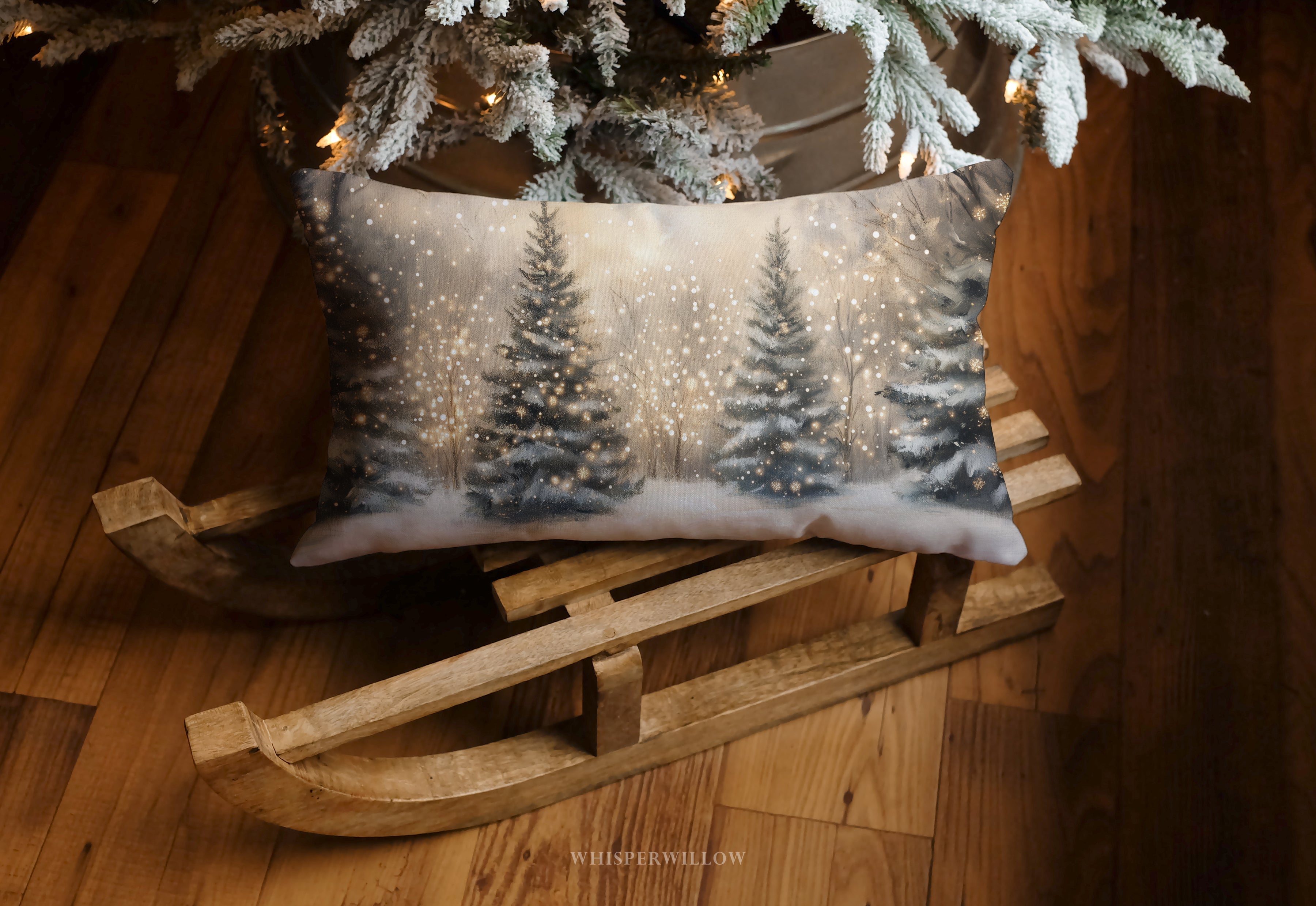 Christmas Winter Forest Throw Pillow | Snow-Covered Trees with Golden Lights | Holiday Decor Gift Cushion