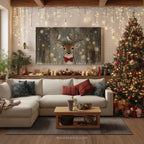 Weihnachts-Wandbild mit Rentieren und Vögeln – Rustikale rote Schleife, Stechpalme, Waldweihnachtsdeko