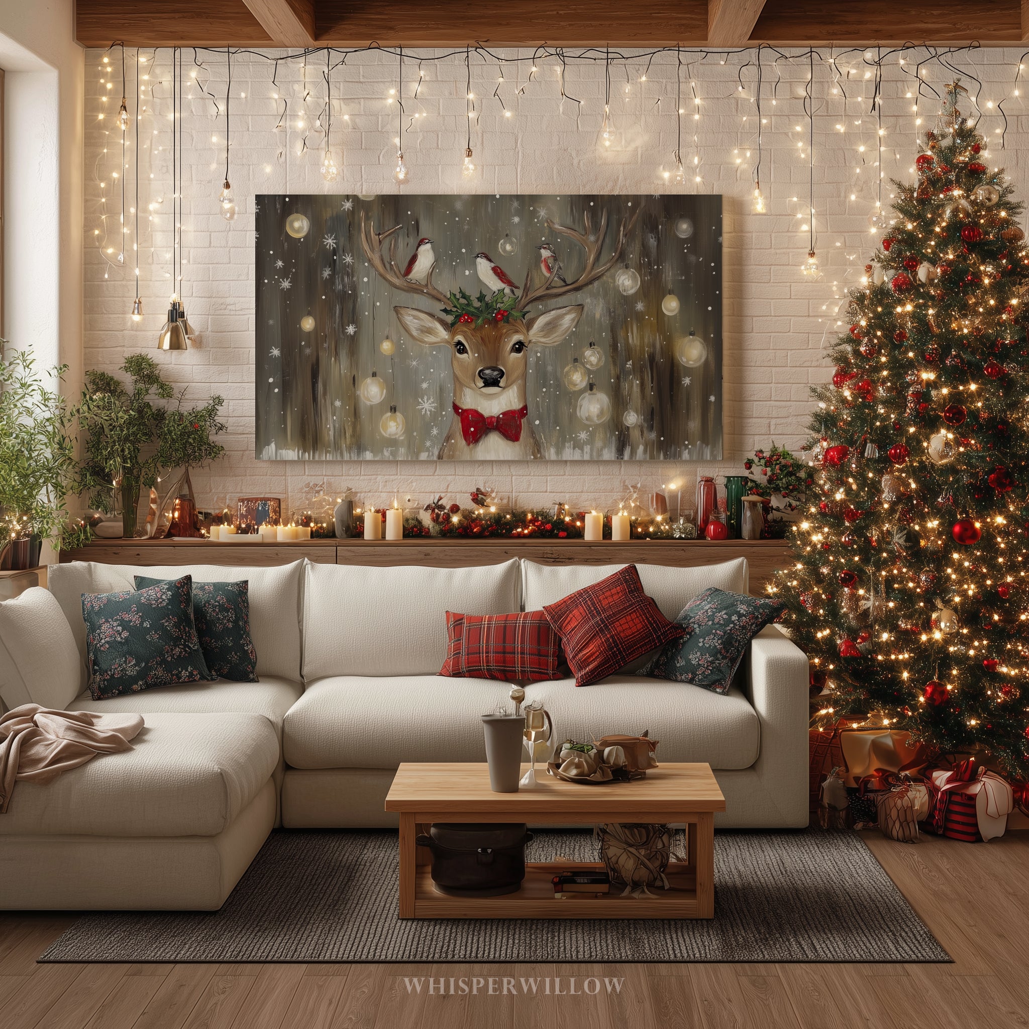 Weihnachts-Wandbild mit Rentieren und Vögeln – Rustikale rote Schleife, Stechpalme, Waldweihnachtsdeko