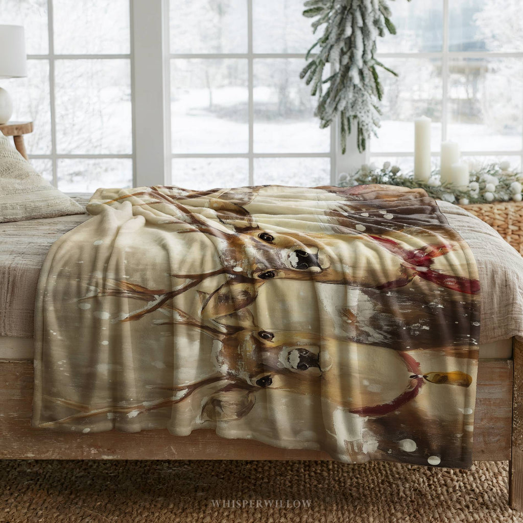Winter Reindeer Trio Throw Blanket - Snowy Woodland Christmas Gift