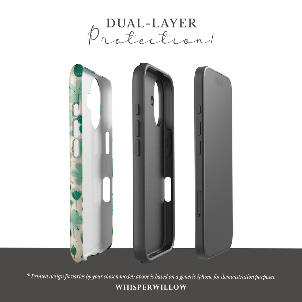 Teal Shamrock Dual Layer Phone Case | Compatible with iPhone  | Lucky Four Leaf Clover Cover