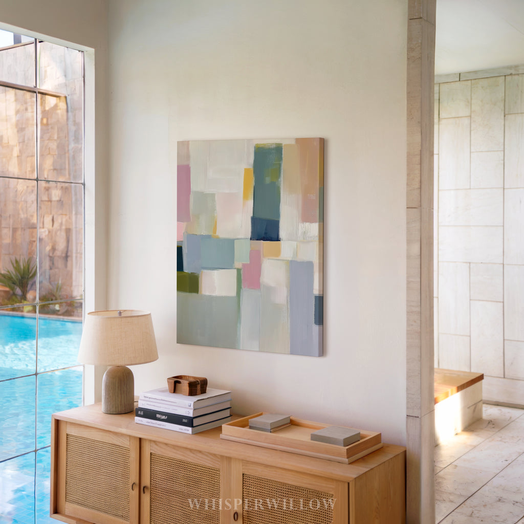 Pastellfarbenes geometrisches Leinwandbild – Abstrakter moderner minimalistischer Druck in sanften Farbblöcken