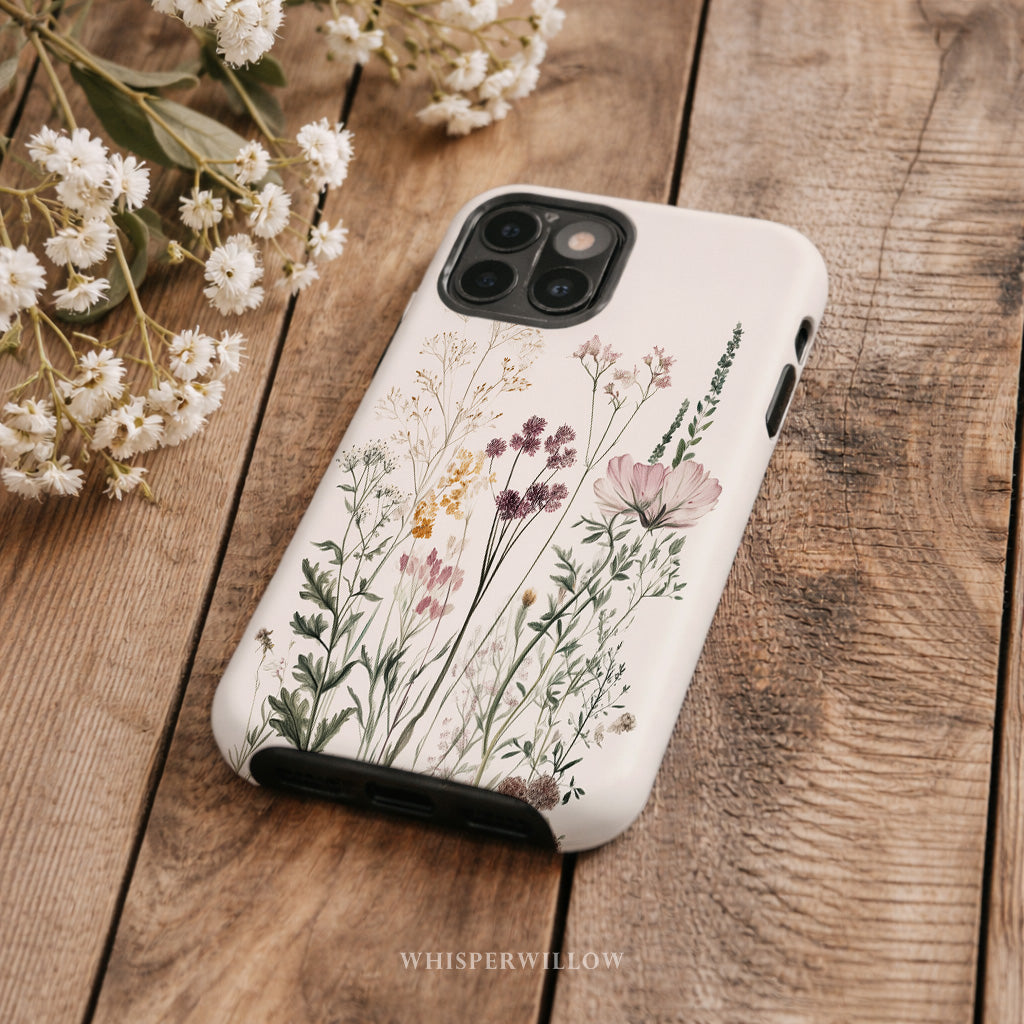 Botanical Wildflower Phone Case Compatible with iPhone | Minimalist Vintage Floral Meadow Aesthetic Soft Neutral Nature Garden Design