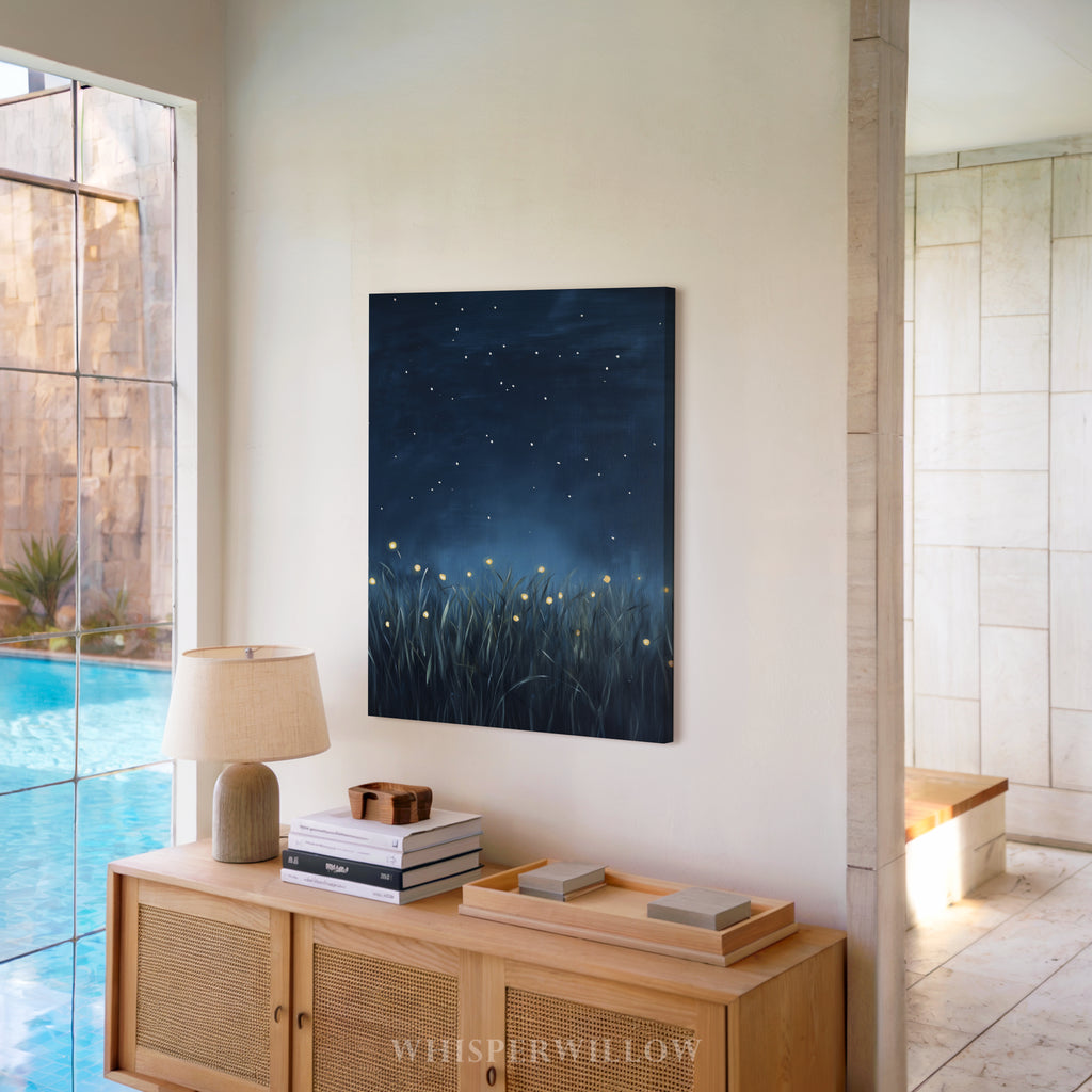 Glühwürmchen-Leinwandbild – Leuchtende Käfer, Sternennacht, dunkelblauer, funkelnder Himmel, magisch