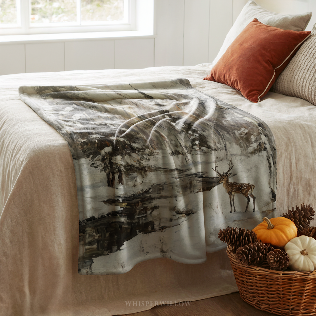 Winter Deer Forest Throw Blanket - Snowy Woodland Stream Gift