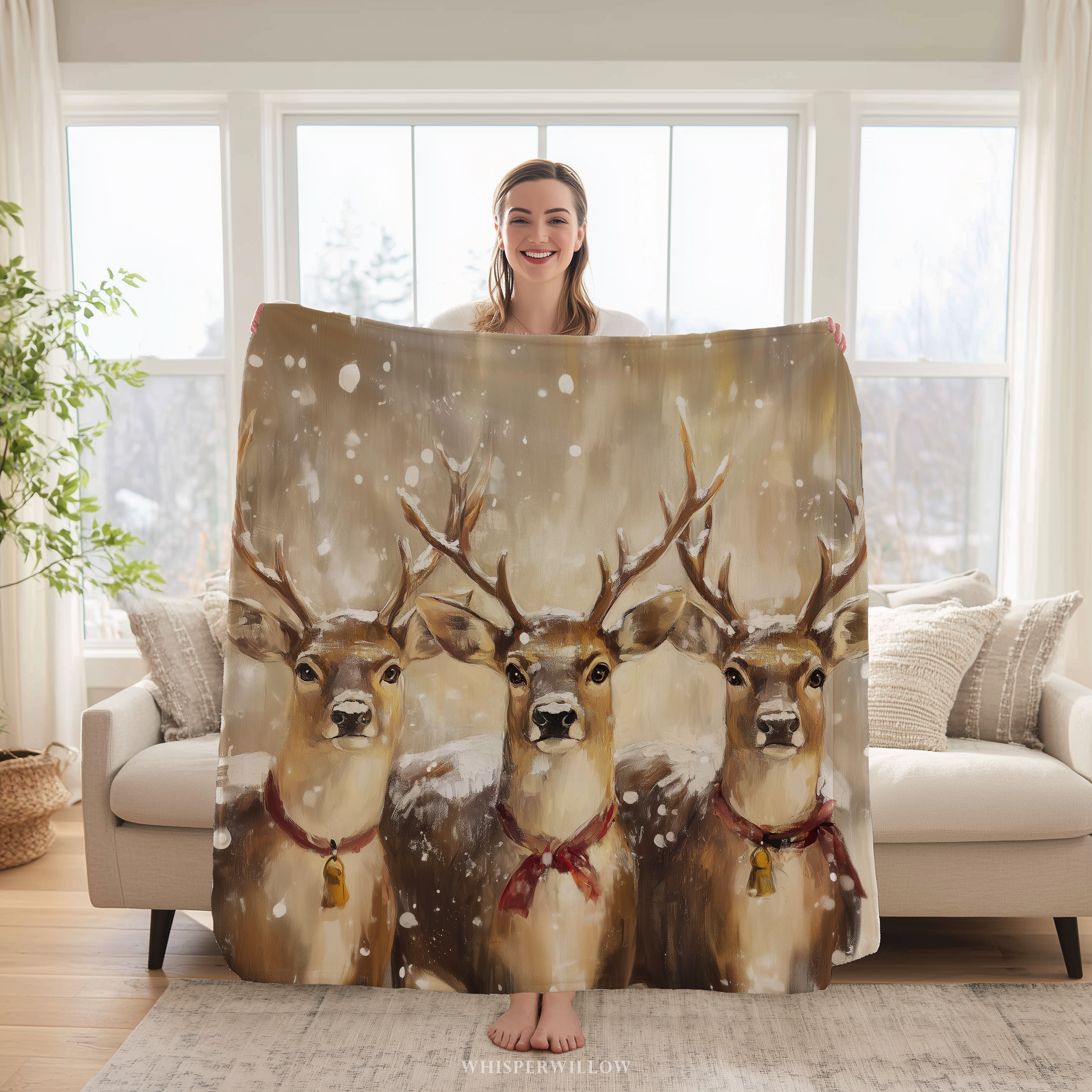 Winter Reindeer Trio Throw Blanket - Snowy Woodland Christmas by WhisperWillow Studios Home Decor Gift