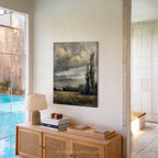 Leinwandbild „Stürmische Landschaft“ – Stimmungsvoller, bewölkter Himmel, Vintage-Landsonnenuntergang