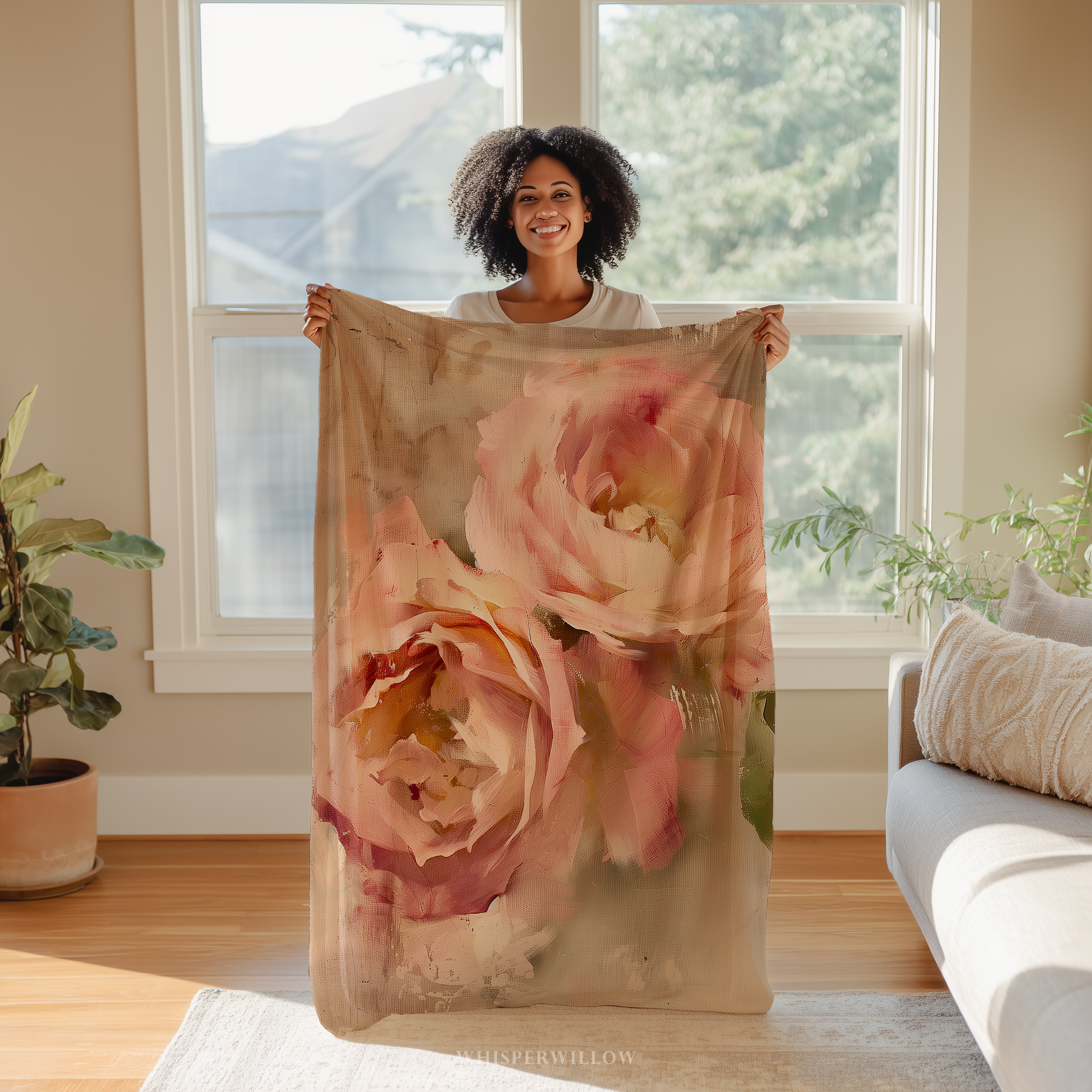 Blush Rose Floral Throw Blanket - Soft Plush Vintage Pastel Gift by WhisperWillow Studios Home Decor Gift