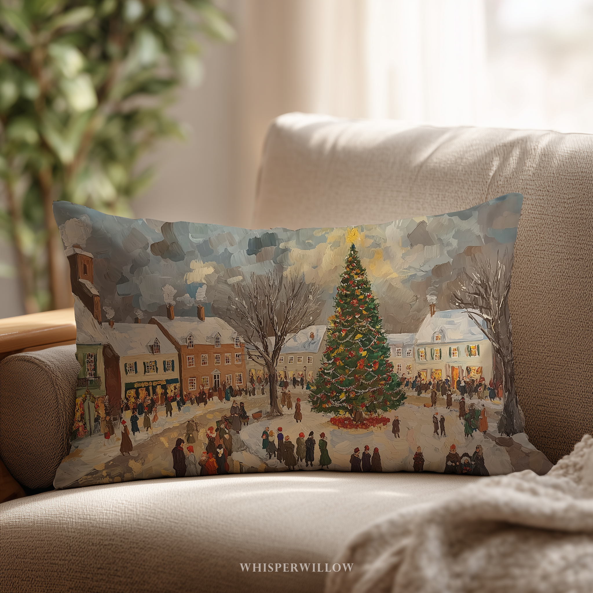 Festliches Dekokissen – Kissen mit Winterdorf-Weihnachtsbaum