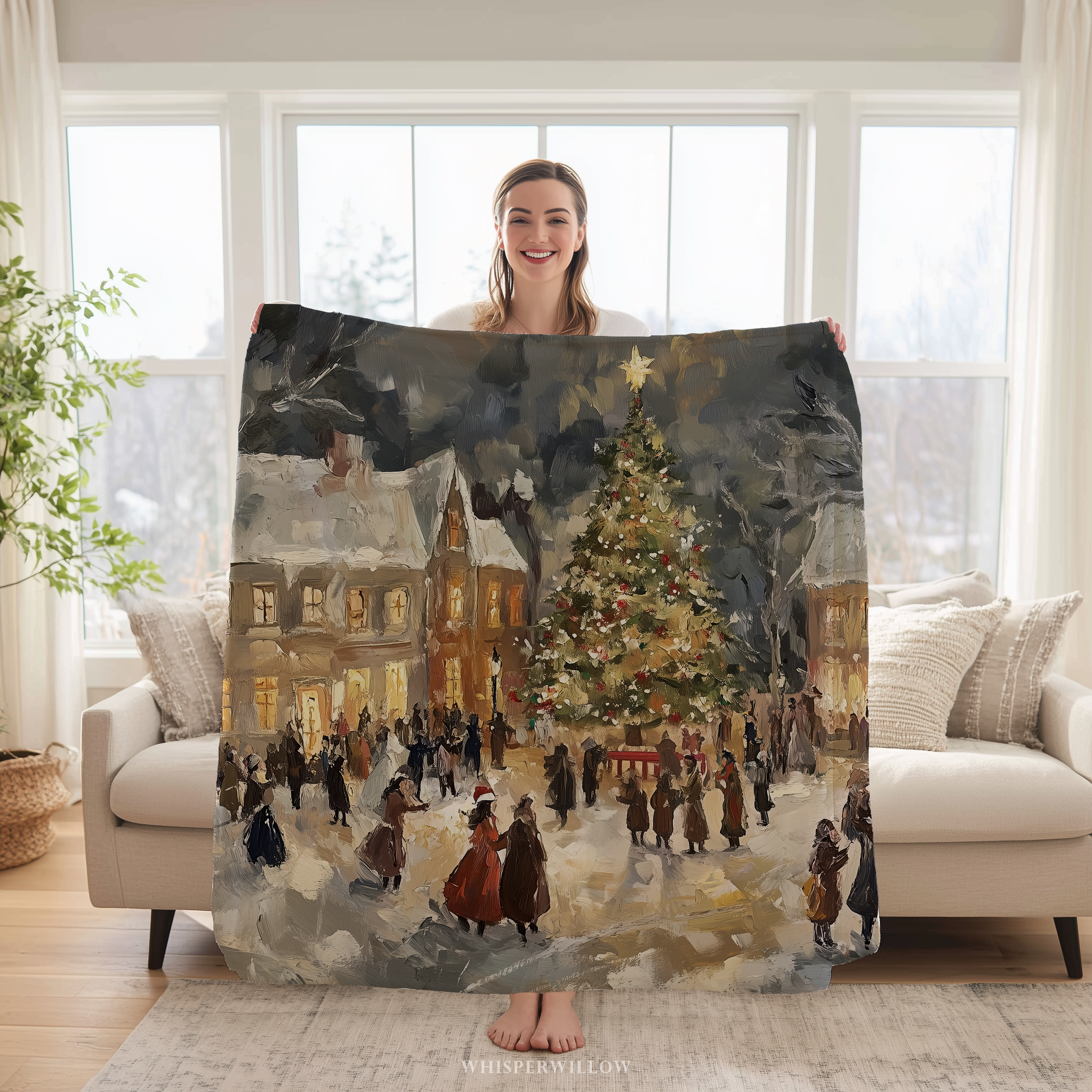 Vintage Christmas Village Throw Blanket - Snowy Tree Town Square by WhisperWillow Studios Home Decor Gift