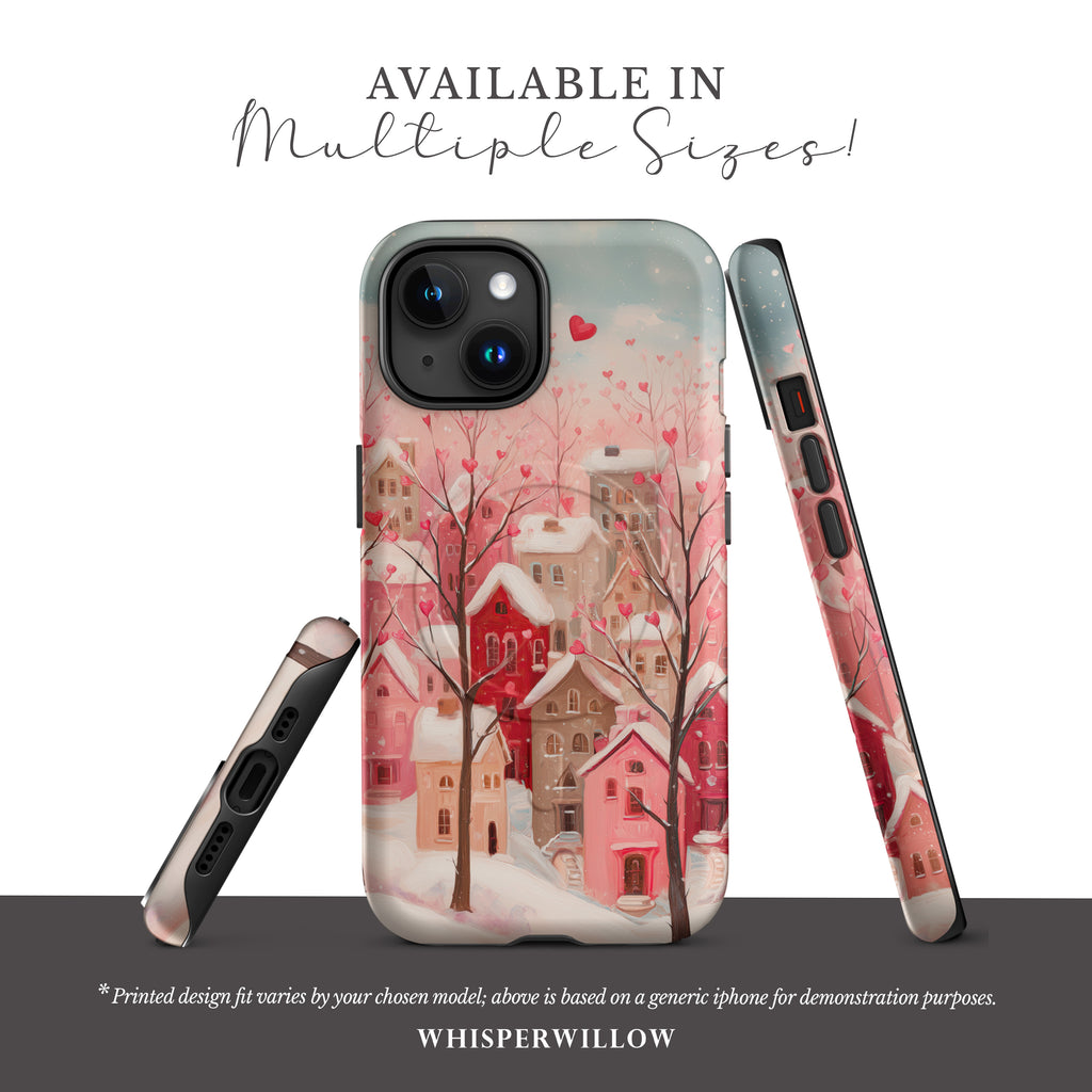 Romantic Winter Village Phone Case | Compatible with MagSafe & iPhone | Pink Heart Snow Town Aesthetic Protective Cover