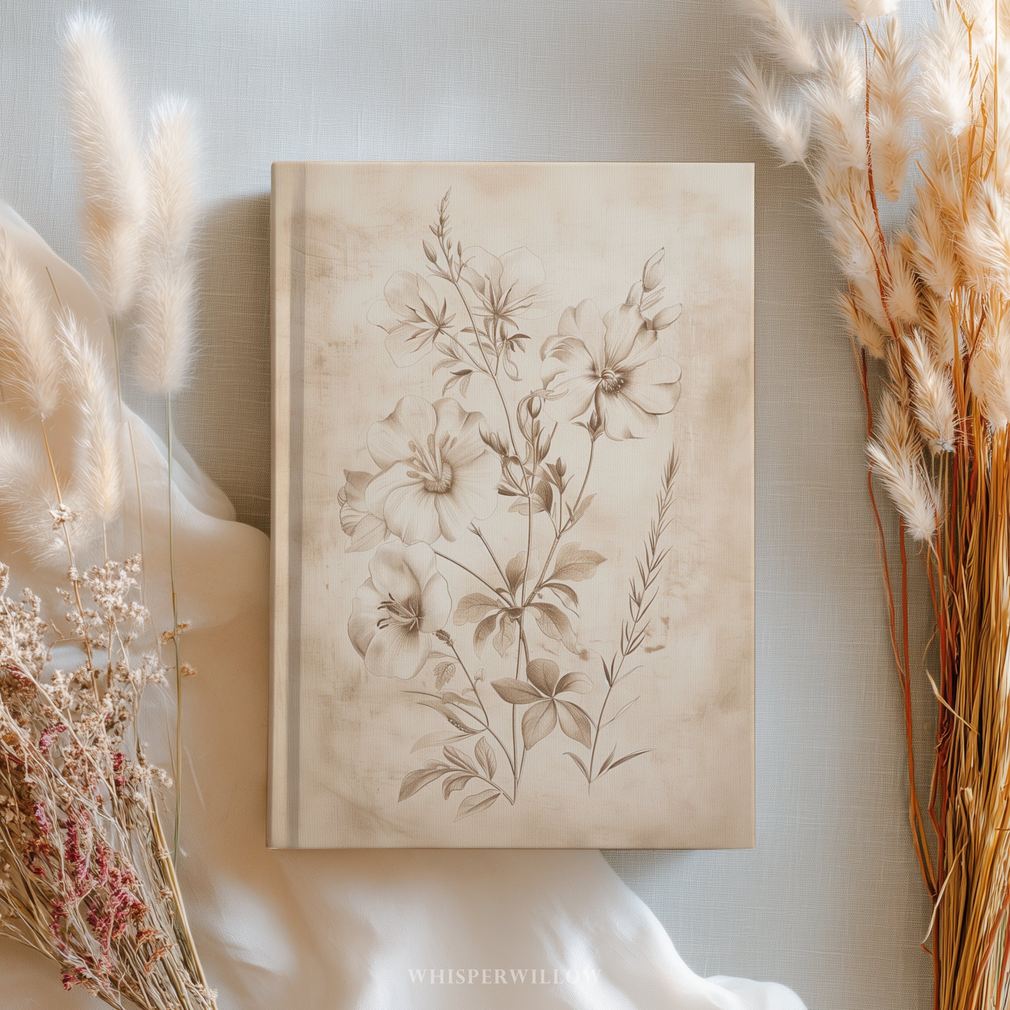 Vintage Wildblumen-Notizbuch mit Hardcover – Skizzenbuch mit floralem Muster, minimalistischem, neutralem Naturmotiv, botanisches Geschenk