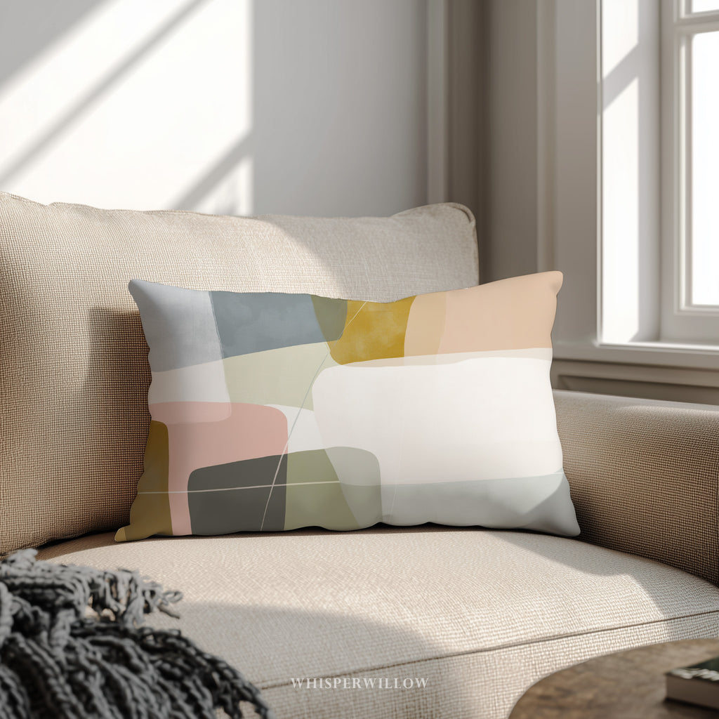 Abstract Geometric Throw Pillow | Modern Minimalist Neutral Blush | Blue Gold Lumbar Accent Cushion | Contemporary Home Decor Gift