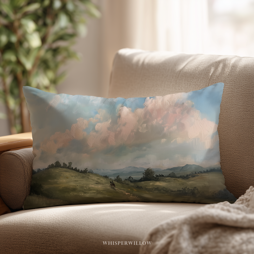 Dekokissen „Landschaftspferdewiese“ – Pastellfarbenes Wolkenlandschaftskissen