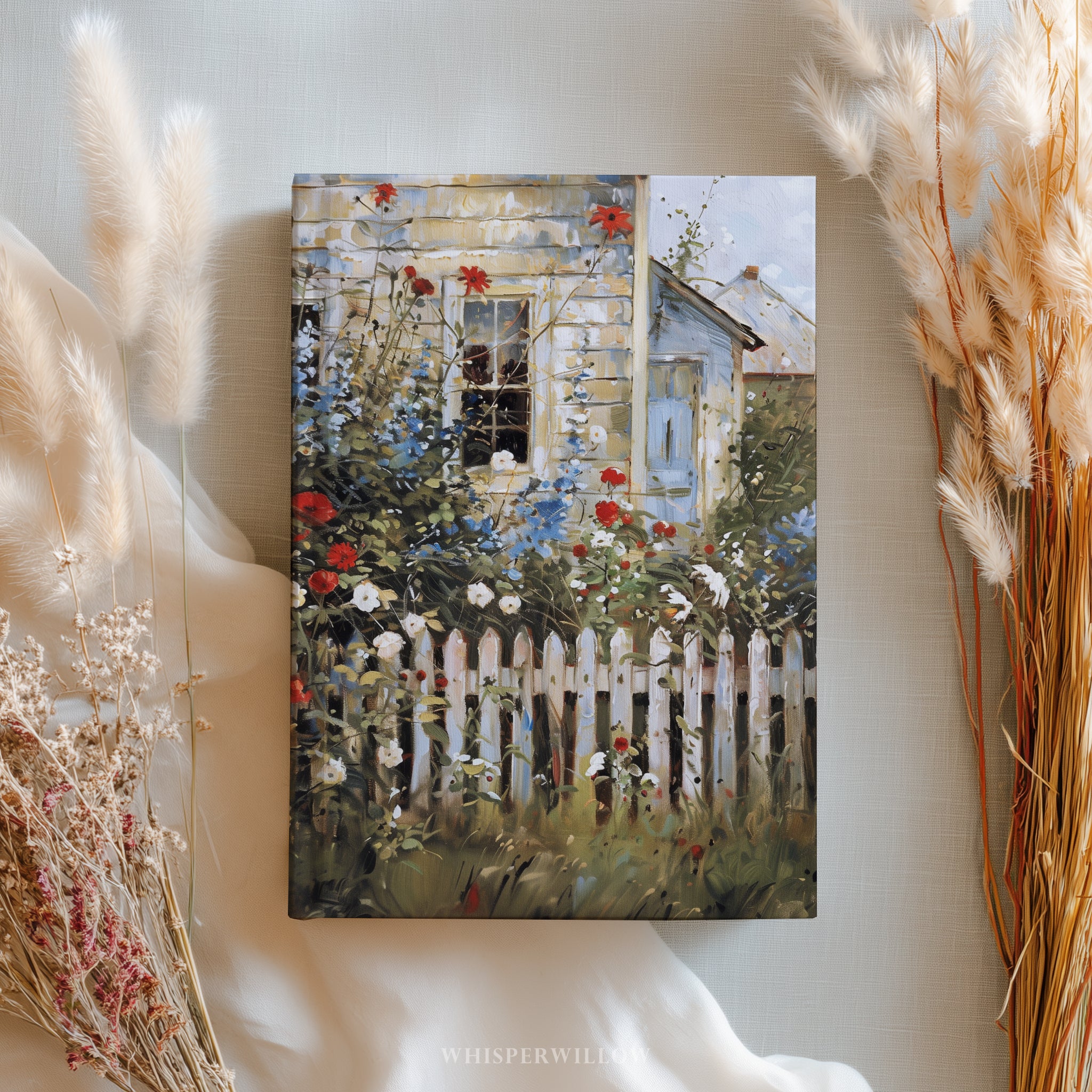 Notizbuch mit Hardcover „Cottage Garden“ – Wildblumen, weißer Zaun, rustikales florales Notizbuch als Geschenkidee