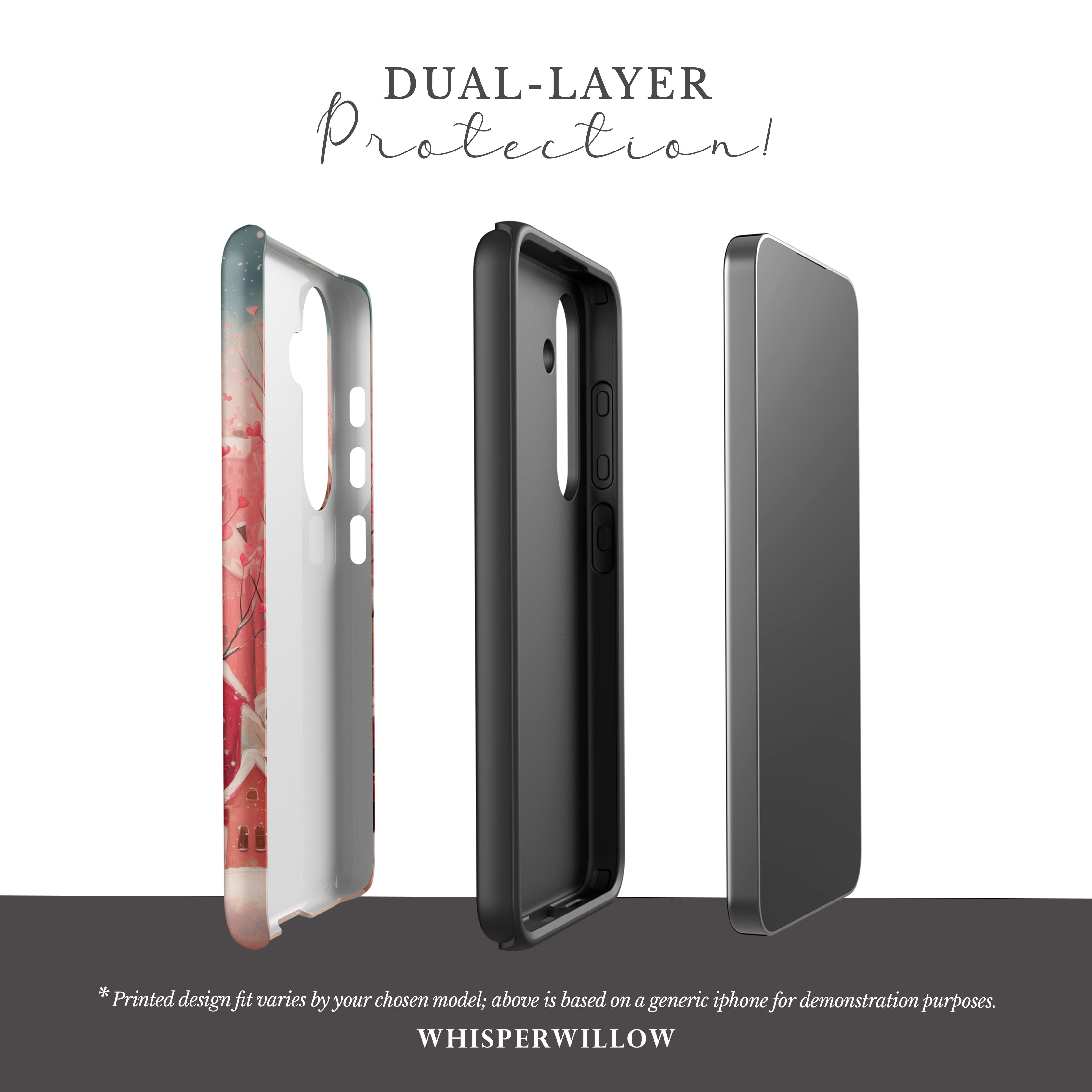 Romantic Winter Village Phone Case | Aesthetic Pink Snow Art | Heart Holiday Design | Compatible with Samsung