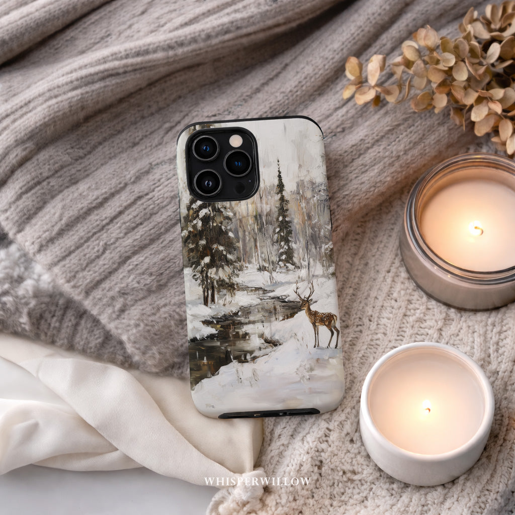 Aesthetic Winter Deer Phone Case | Compatible with MagSafe Charging | Forest Snow Wildlife Art | Gift for Him