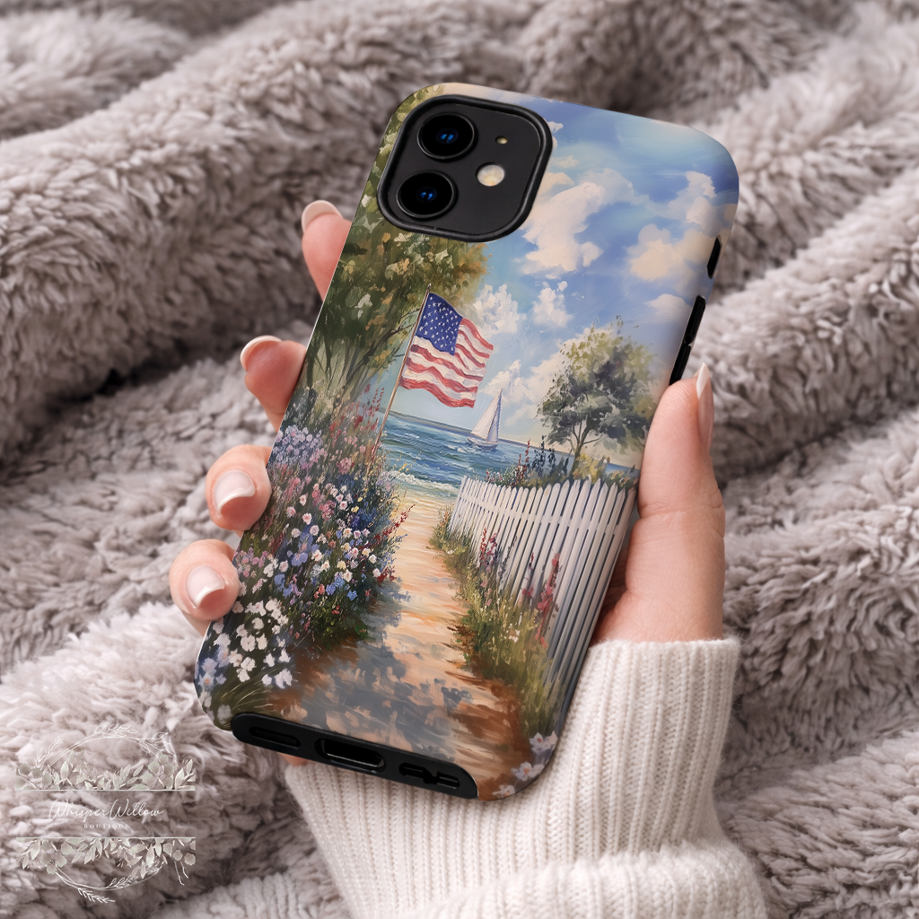 Coastal Art Phone Case | Compatible with iPhone Models | USA Flag Beach Sailboat Ocean Colorful Aesthetic