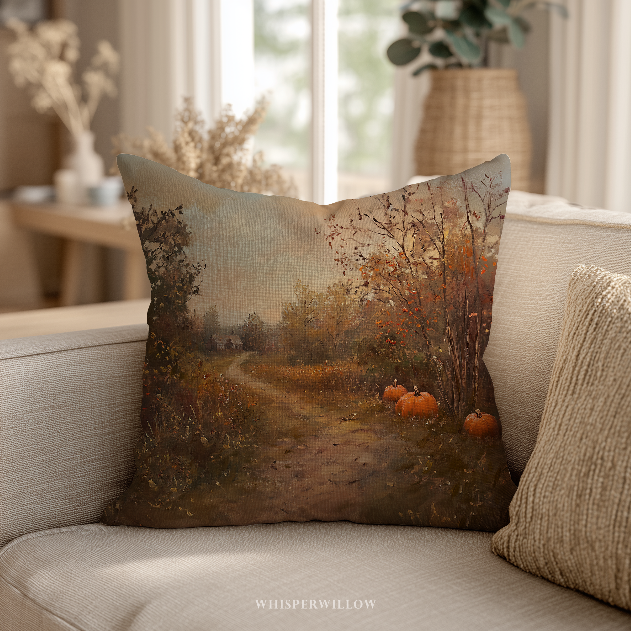 Autumn Pumpkin Path Throw Pillow - Fall Landscape Farmhouse Rustic Cottage Art Cushion Gift