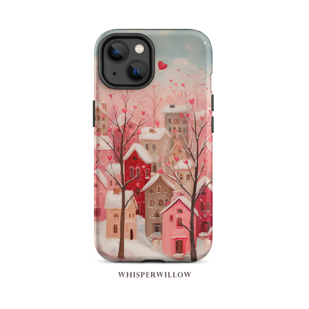 Romantic Winter Village Aesthetic Phone Case – Compatible with iPhone Models | Snowy Pink Heart Art Gift by WhisperWillow Studios